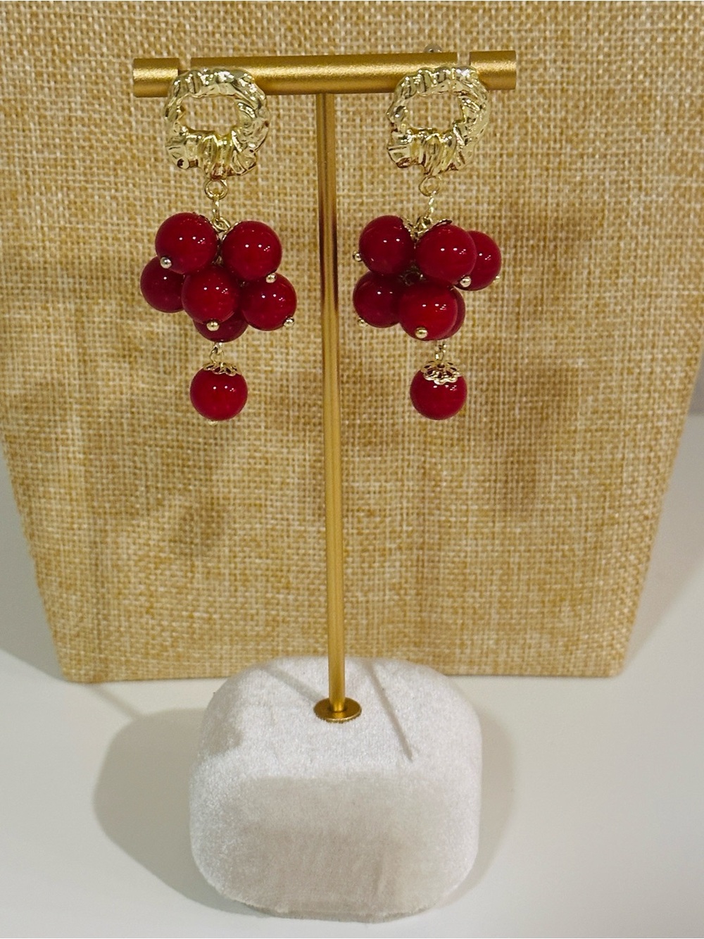 Fashion Jewelry Gold-Tone Red Cluster Dangle Earrings